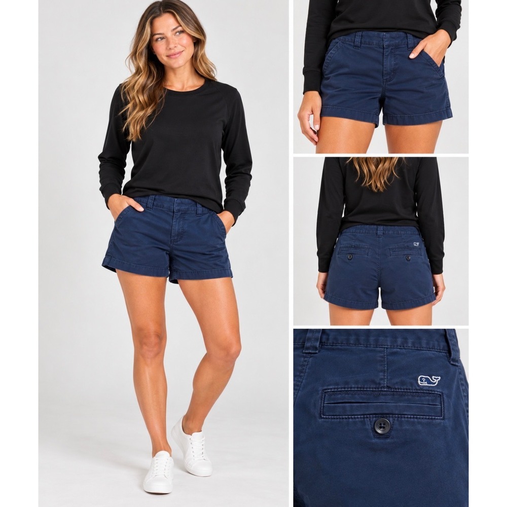 Vineyard Vines Womens Navy Blue Chino Shorts Size 6 Whale Logo Preppy Twill